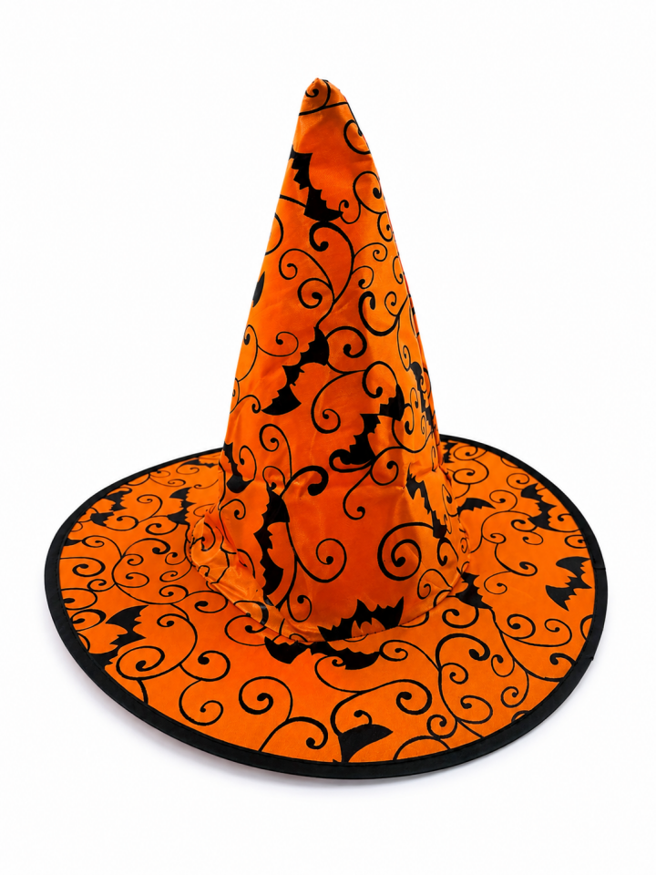 Parti Malzemesi  Halloween Cadı Şapkası Turuncu Yarasa Desenli Cadılar Bayramı Lüx Parti Şapkası