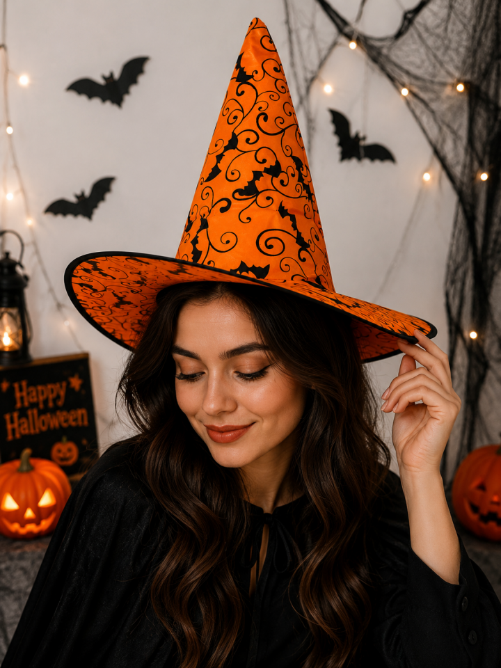 Parti Malzemesi  Halloween Cadı Şapkası Turuncu Yarasa Desenli Cadılar Bayramı Lüx Parti Şapkası