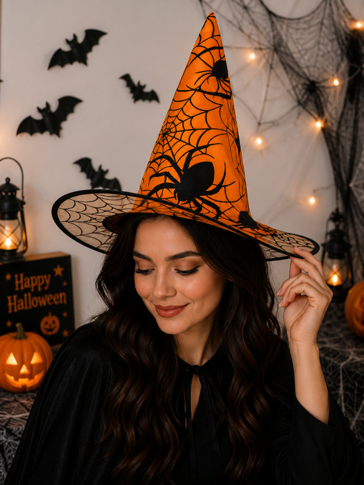 Parti Malzemesi Halloween Örümcek Desenli Cadı Şapkası Turuncu Cadılar Bayramı Parti Şapkası