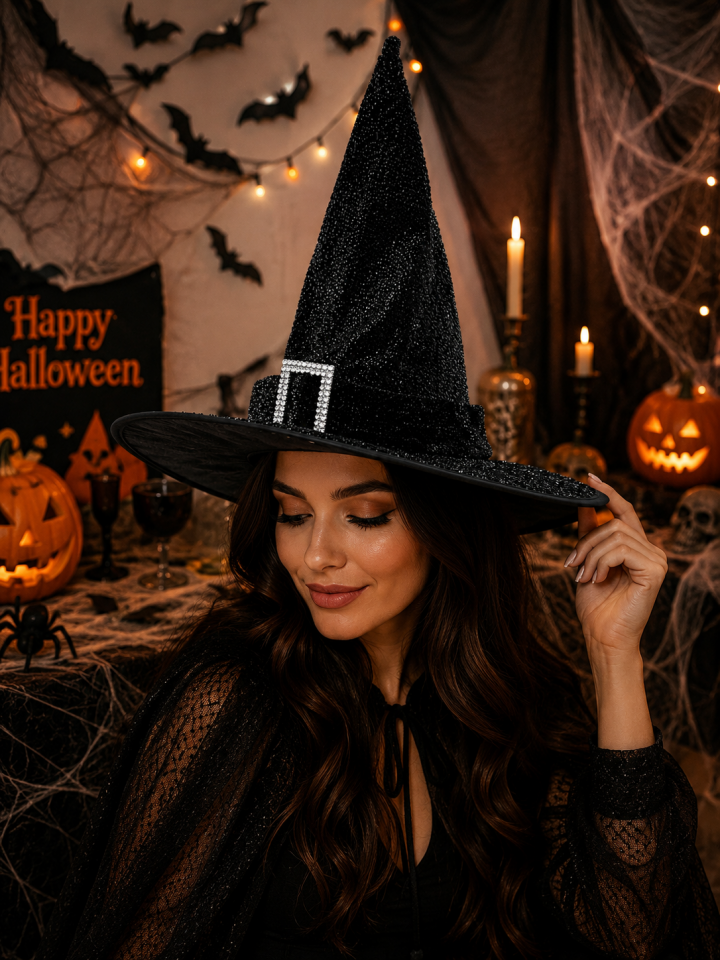 Parti Malzemesi Siyah Simli Cadı Şapkası Halloween Cadılar Bayramı Parti Şapkası 32 cm