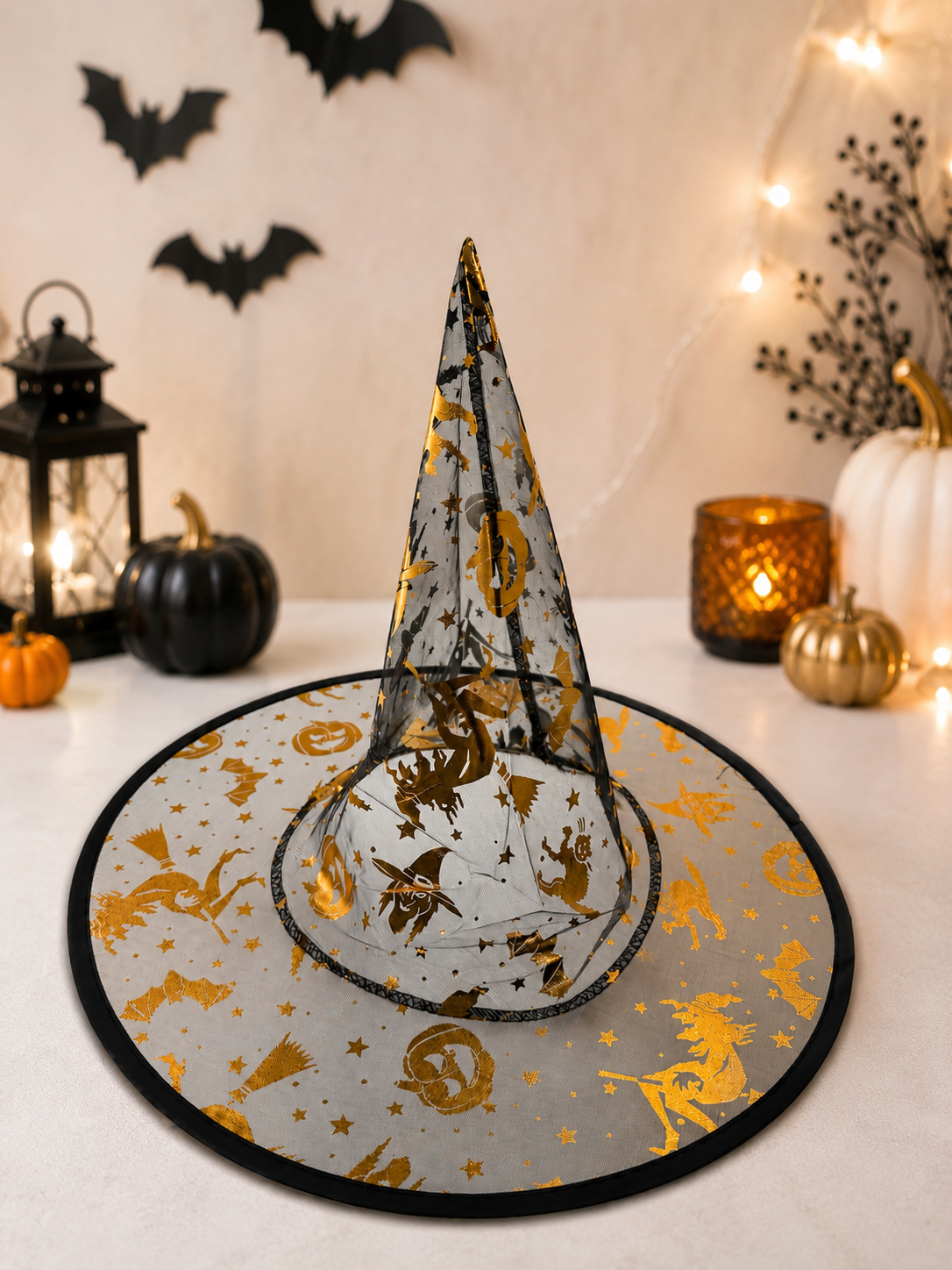 Halloween Cadı Şapkası Siyah Transparan Tül Şapka Kostüm Aksesuarı Altın