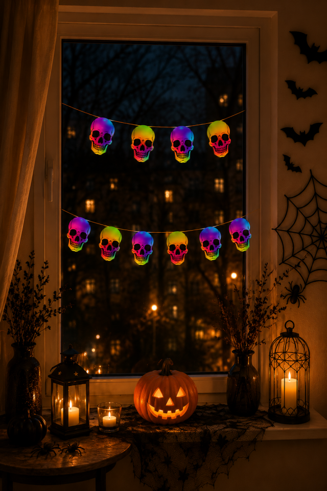Parti Malzemesi Fosforlu Halloween Neon Renkli Kuru Kafa Duvar Süsü Parti Dekoru Yapıştırmalı Cadılar Bayramı Süsleme Seti