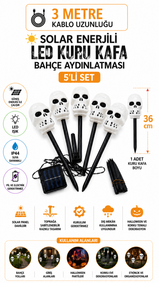 Parti Malzemesi Solar Enerjili LED Kuru Kafa Bahçe Aydınlatması 5’li Set  3 Metre Kablolu Halloween Dekor Işık