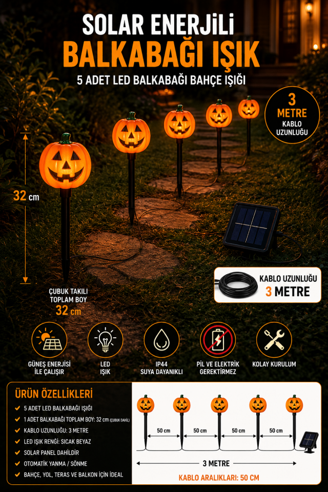 Parti malzemesi 5’li Güneş Enerjili LED Balkabağı Bahçe Aydınlatması 32 cm Solar Halloween Dekor Işık Seti 3 Metre Kablolu