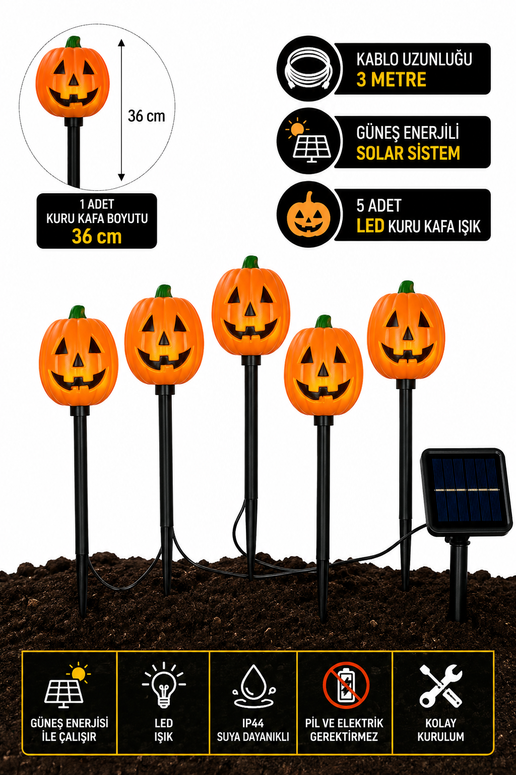 Parti malzemesi 5’li Solar LED Balkabağı Bahçe Aydınlatması 36 cm 3 Metre Kablolu Cadılar Bayramı Dekoru