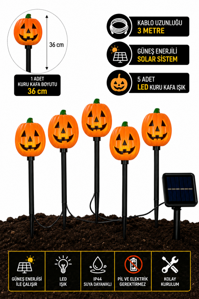 Parti malzemesi 5’li Solar LED Balkabağı Bahçe Aydınlatması 36 cm 3 Metre Kablolu Cadılar Bayramı Dekoru