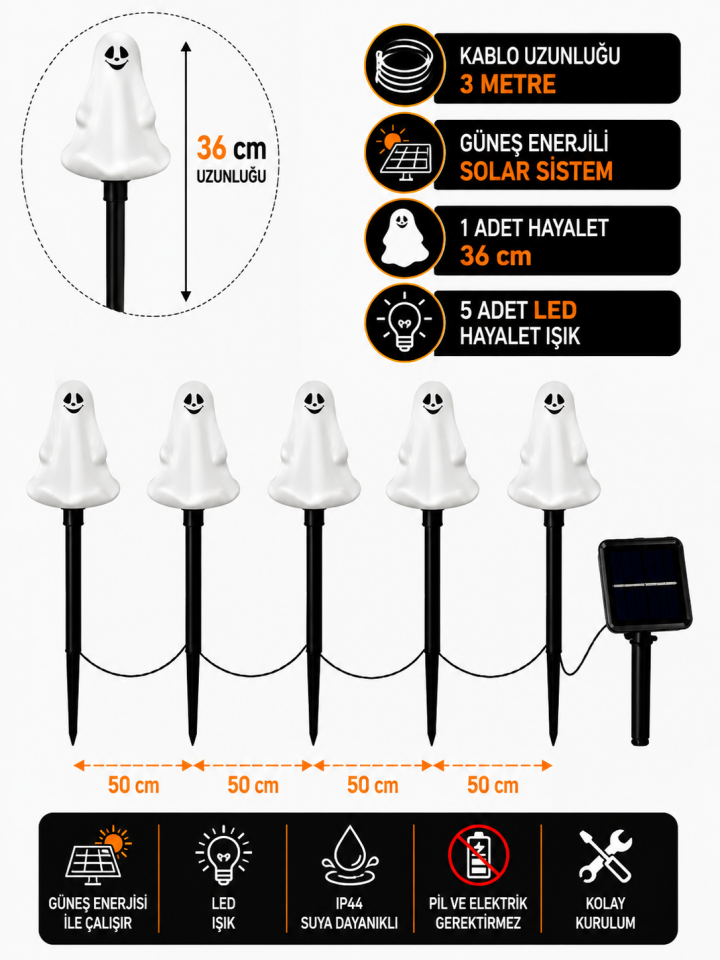 Parti Malzemesi Solar LED Hayalet Bahçe Aydınlatması 5’li Set 3 Metre Kablolu 36 cm Cadılar Bayramı Dekor Işık