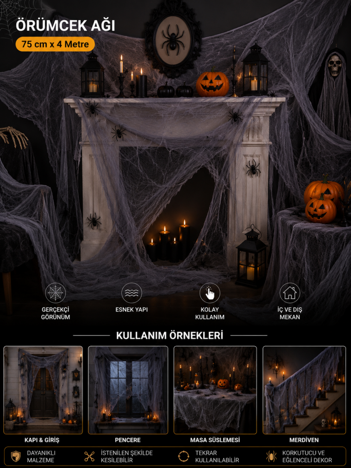Parti Malzemesi Halloween Gri Örümcek Ağı Dekoru 75 cm x 4 Metre Cadılar Bayramı Parti Süsü Dekorasyon Ağı