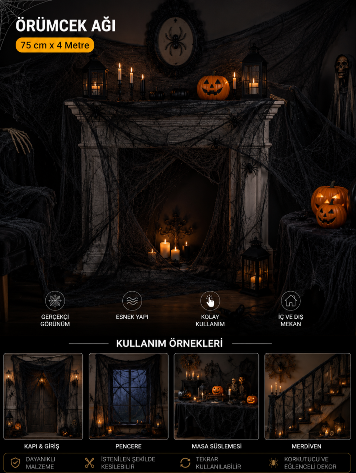 Parti Malzemesi Halloween siyah Örümcek Ağı Dekoru 75 cm x 4 Metre Cadılar Bayramı Parti Süsü Dekorasyon Ağı