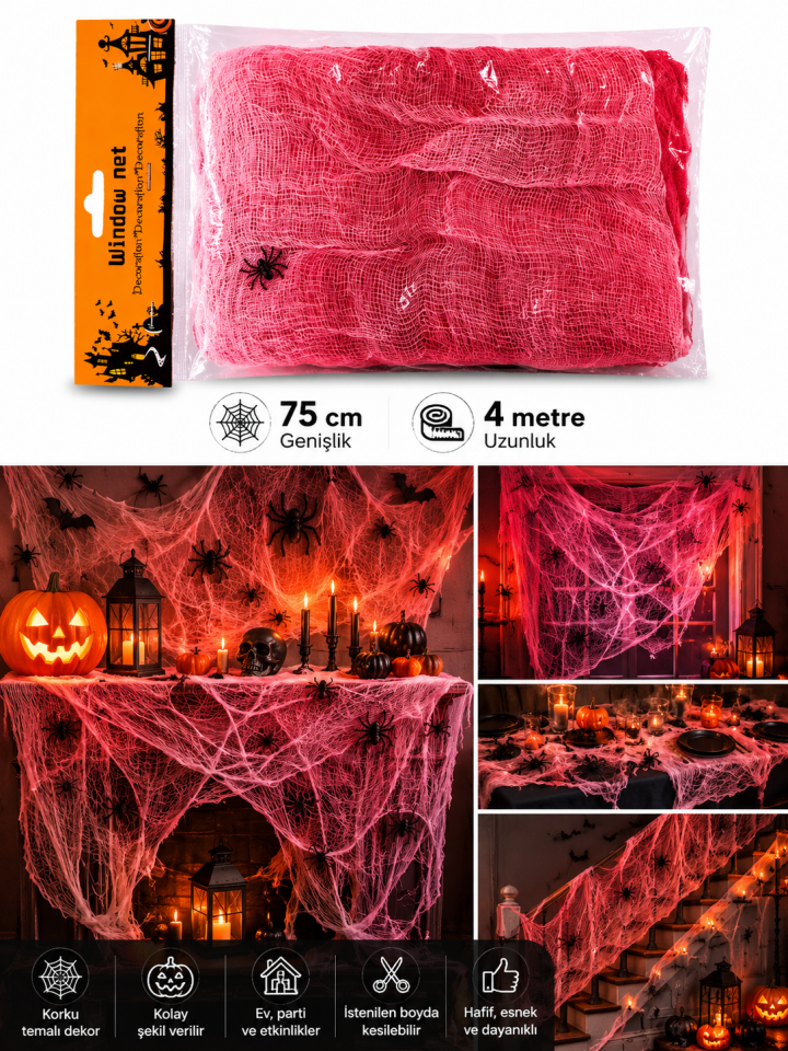 Parti Malzemesi Halloween Kırmızı Örümcek Ağı Dekoru 75 cm x 4 Metre Cadılar Bayramı Parti Süsü Dekorasyon Ağı