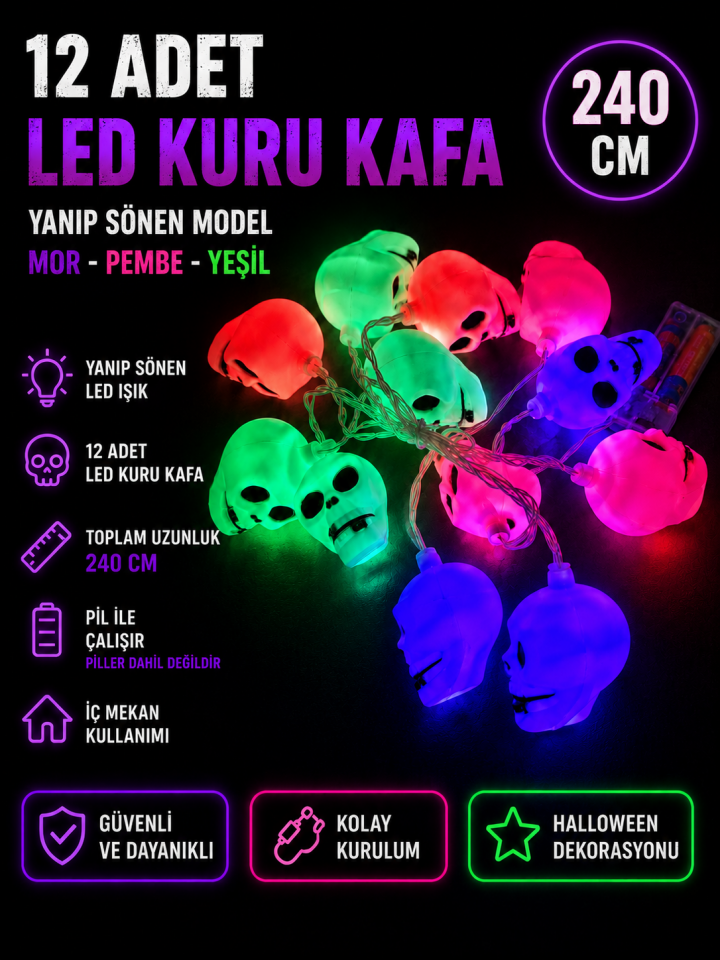 12’li LED Kuru Kafa Işık Zinciri 240 cm Yanıp Sönen Renkli Halloween Cadılar Bayramı Dekoru