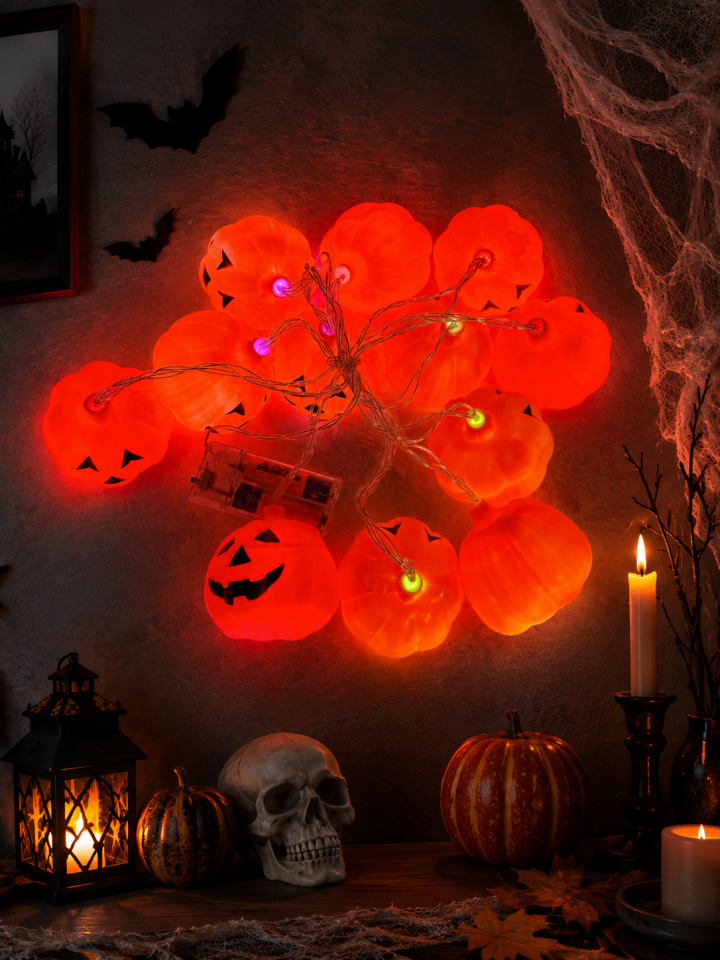 Parti Malzemesi 12’li Işıklı Balkabağı LED Dizisi 220 cm Halloween Cadılar Bayramı Dekor Süs Turuncu LED Işık