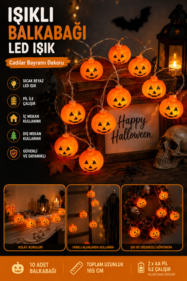 Parti Malzemesi 12’li Işıklı Balkabağı LED Dizisi 220 cm Halloween Cadılar Bayramı Dekor Süs Turuncu LED Işık