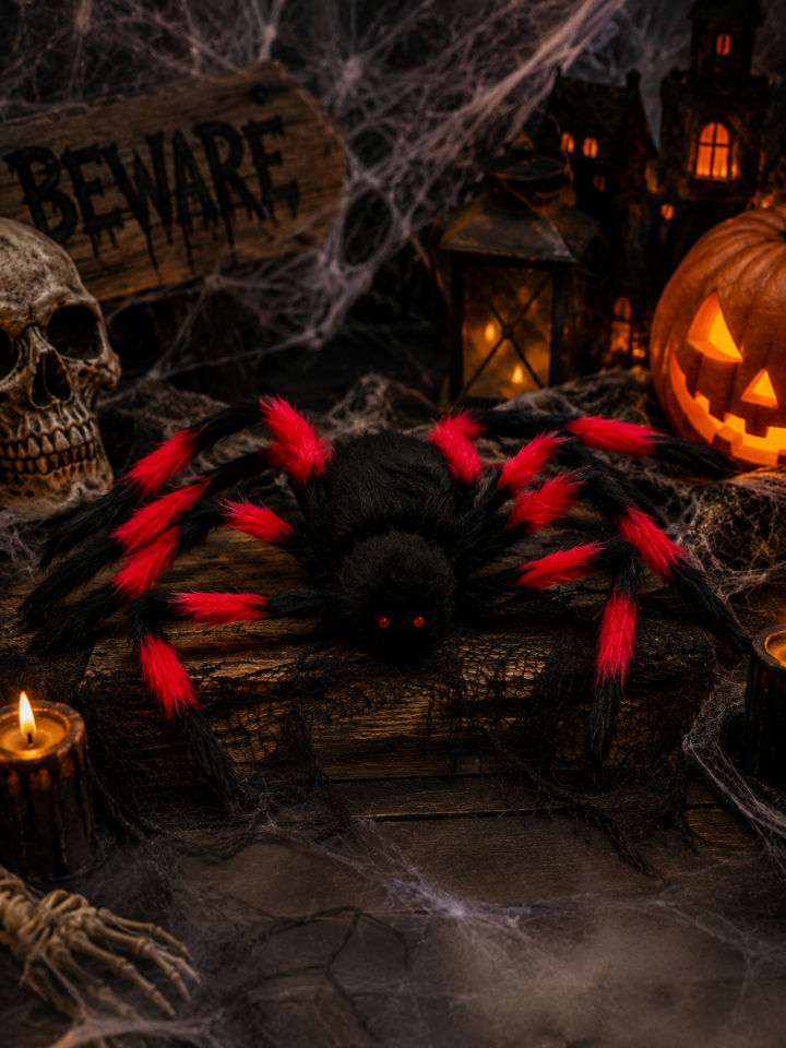 Parti malzemeleri Peluş Siyah Dev Örümcek Halloween Dekoru Cadılar Bayramı Parti Süsü Korku Temalı Örümcek siyah kırmızı
