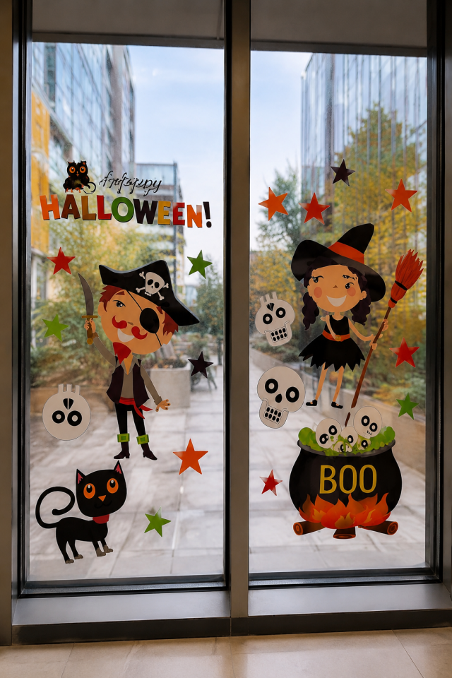 Parti Malzemesi Halloween Cam Sticker Seti Cadı Korsan Kedi Balkabağı Cam Süsü Pencere Dekoru Parti Süsleme so