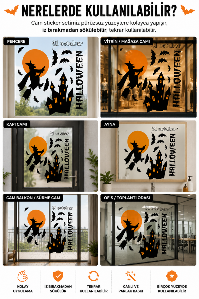 Parti Malzemesi Halloween Cam Sticker Cadı Şato Yarasa Pencere Dekoru Vitrin Süsü Cadılar Bayramı Süsleme Seti