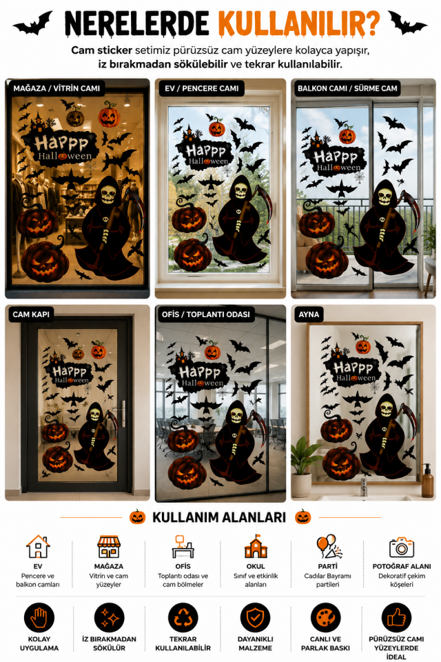 Parti Malzemesi Halloween Cam Sticker Cadılar Bayramı Vitrin Cam Süsü Yapışkanlı Dekoratif Pencere Süsü Hayalet Azrail Balkabağı Seti S0-37