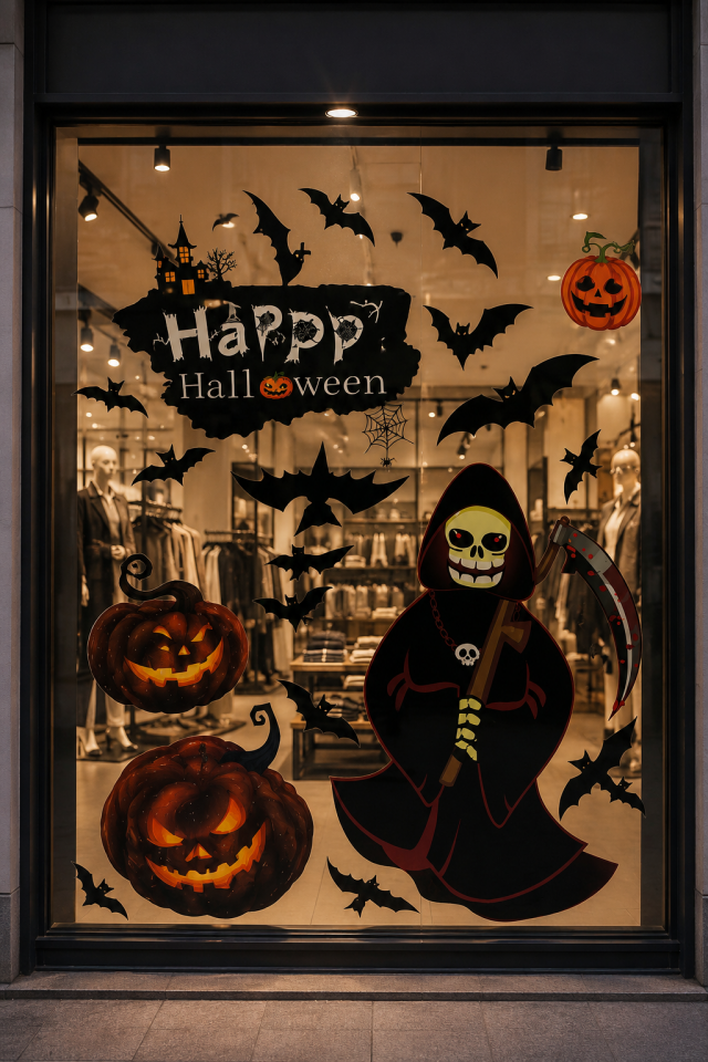 Parti Malzemesi Halloween Cam Sticker Cadılar Bayramı Vitrin Cam Süsü Yapışkanlı Dekoratif Pencere Süsü Hayalet Azrail Balkabağı Seti S0-37