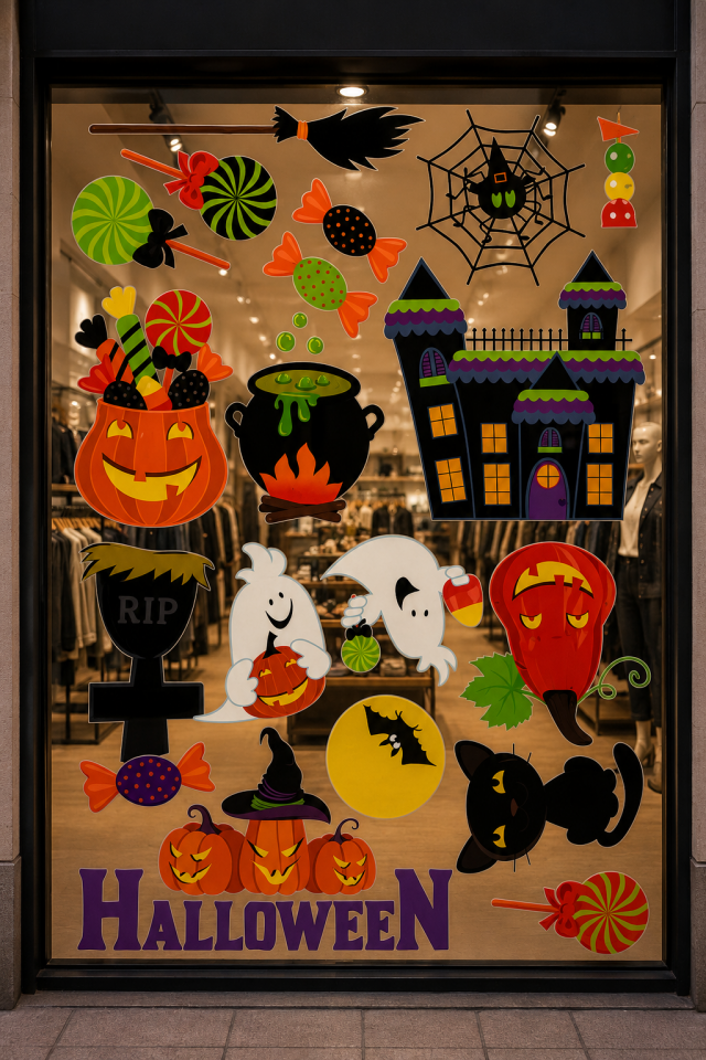 Parti Malzemesi Halloween Cadılar Bayramı Cam Sticker Seti Vitrin Pencere Cam Dekorasyonu Renkli Yapışkanlı Süs