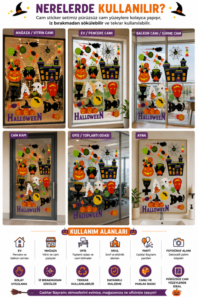 Parti Malzemesi Halloween Cadılar Bayramı Cam Sticker Seti Vitrin Pencere Cam Dekorasyonu Renkli Yapışkanlı Süs