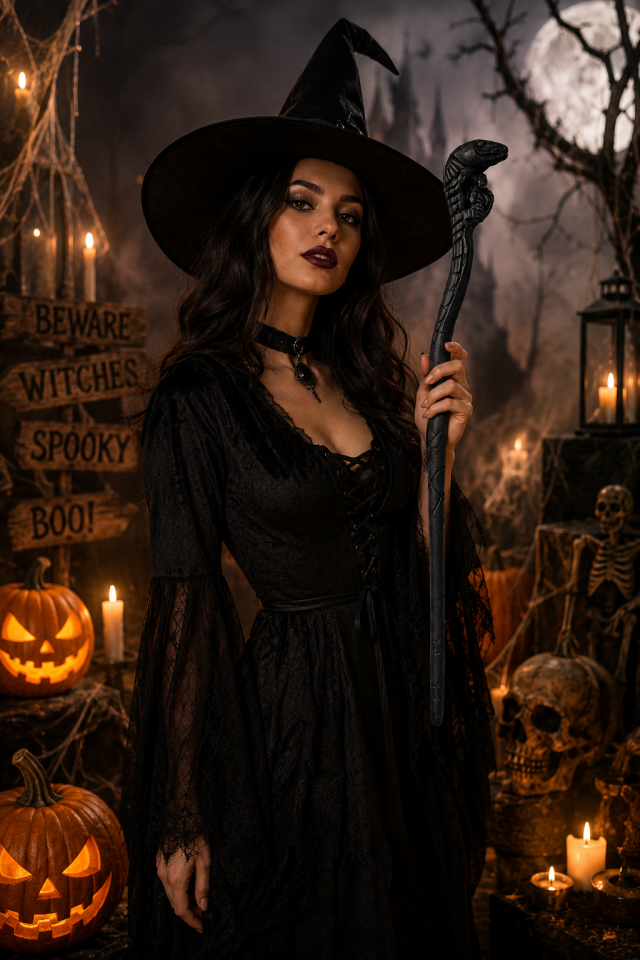Parti Malzemeleri Halloween Yılan Başlı Cadı Asası 44 Cm Mat Siyah Kostüm Parti Aksesuarı SN-159
