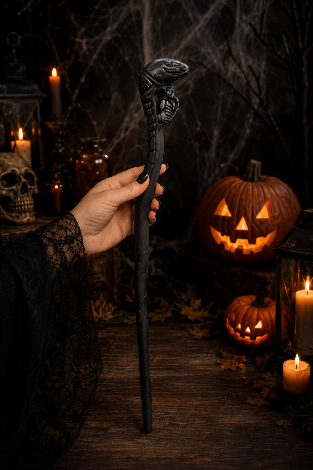 Parti Malzemeleri Halloween Yılan Başlı Cadı Asası 44 Cm Mat Siyah Kostüm Parti Aksesuarı SN-159