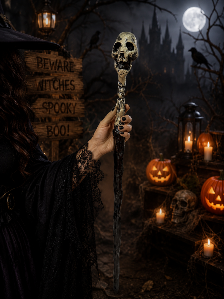 Parti Malzemesi Halloween Kuru Kafa Detaylı Cadı Asası 45 Cm Kostüm Aksesuarı Parti Dekoru sn-159