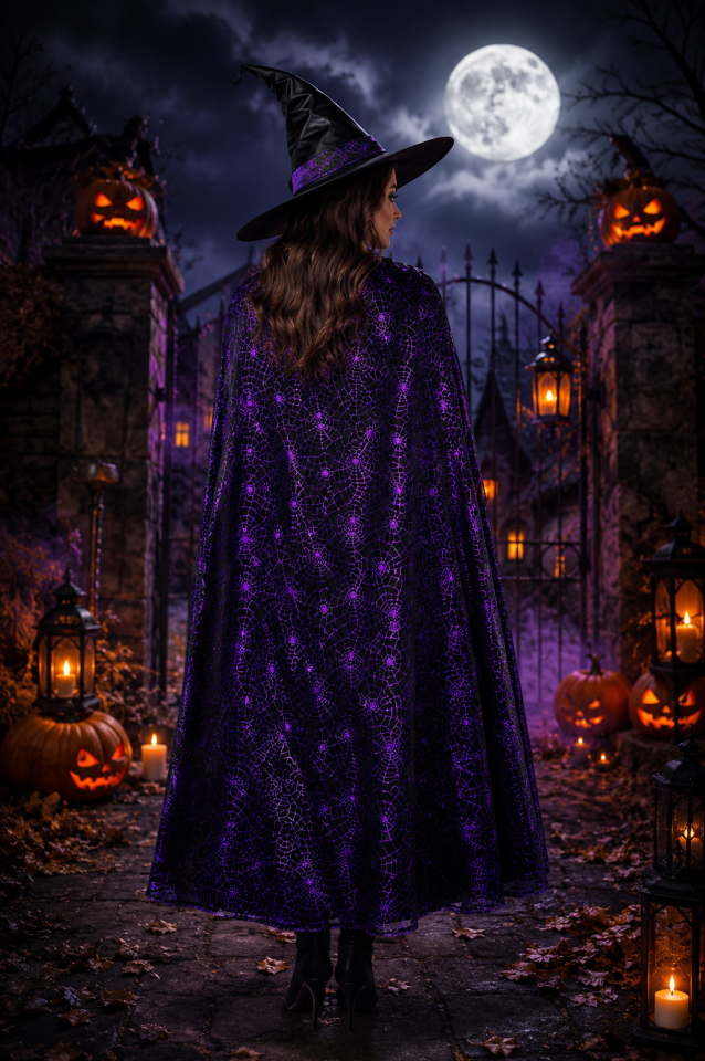 Parti Malzemesi Halloween  Örümcek Ağı Desenli Pelerin 130 Cm Cadı Kostüm Pelerini Yetişkin Çocuk Uyumlu Mor