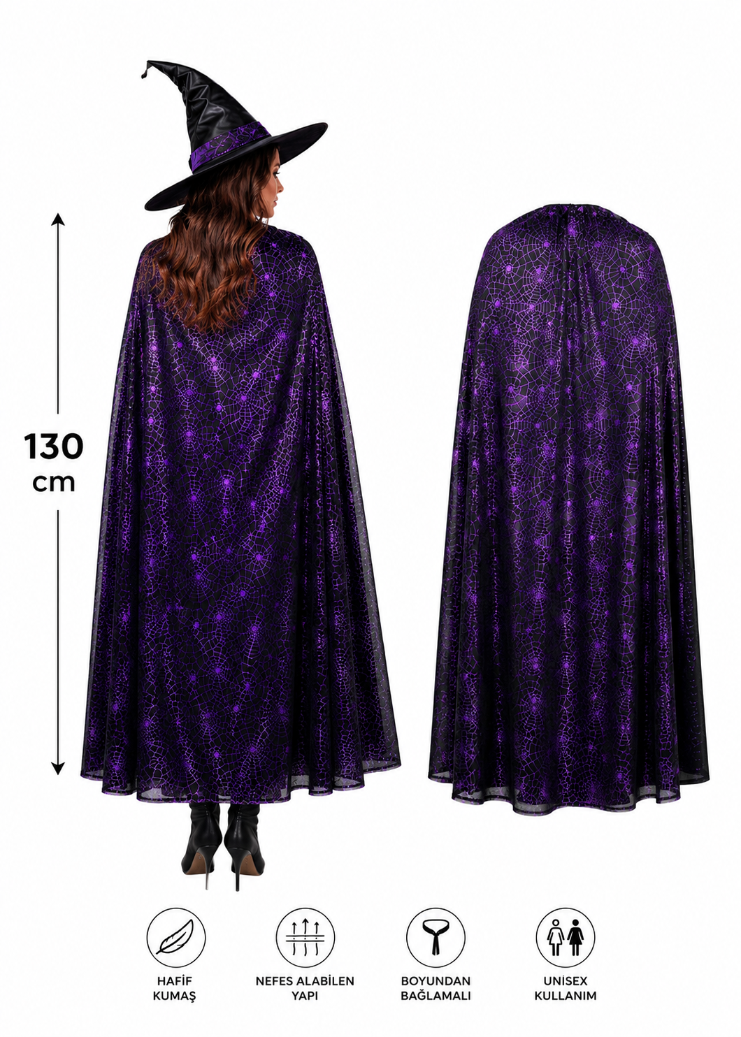 Parti Malzemesi Halloween  Örümcek Ağı Desenli Pelerin 130 Cm Cadı Kostüm Pelerini Yetişkin Çocuk Uyumlu Mor