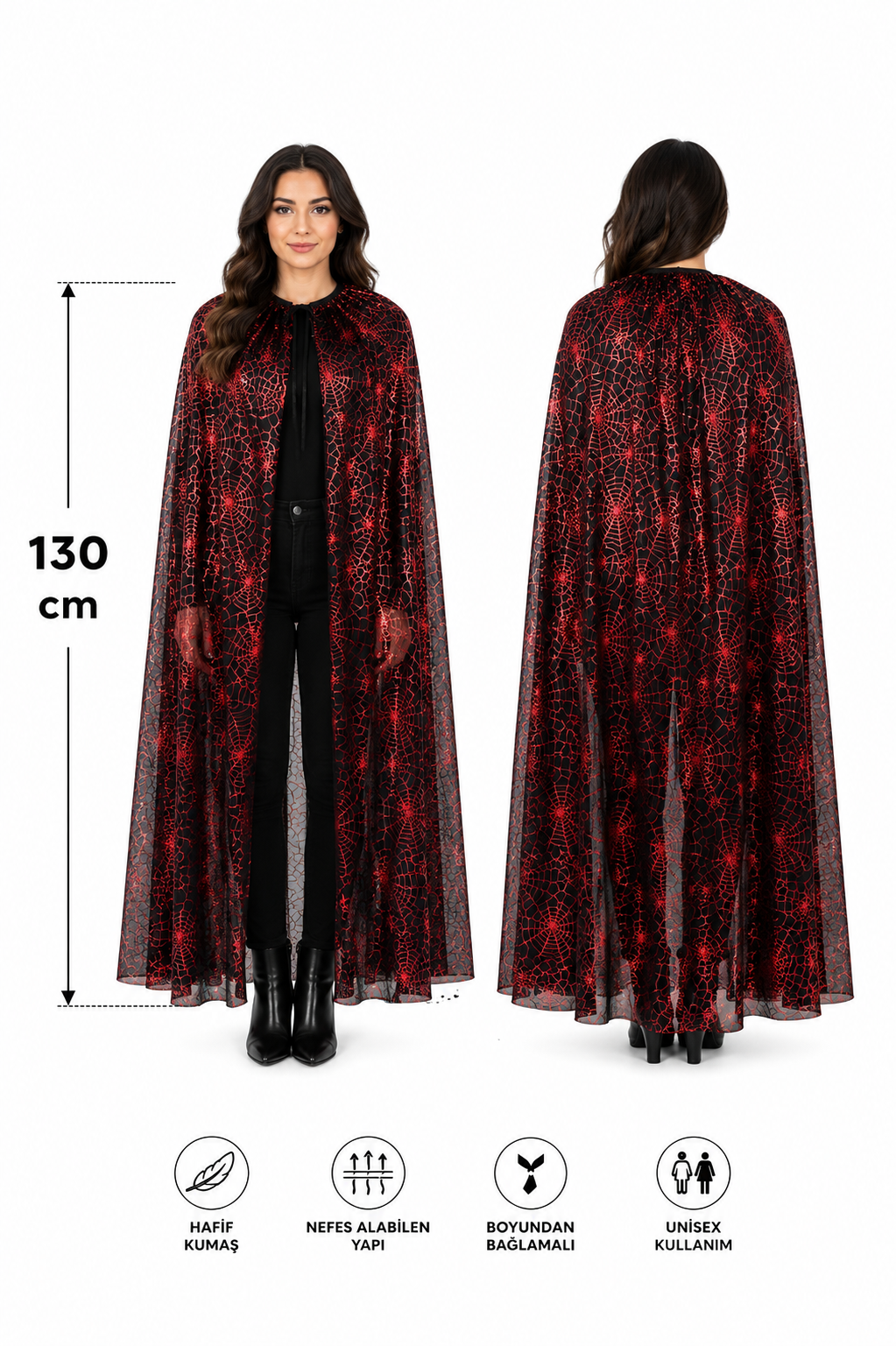 Parti Malzemesi Halloween  Örümcek Ağı Desenli Pelerin 130 Cm Cadı Kostüm Pelerini Yetişkin Çocuk Uyumlu Kırmızı