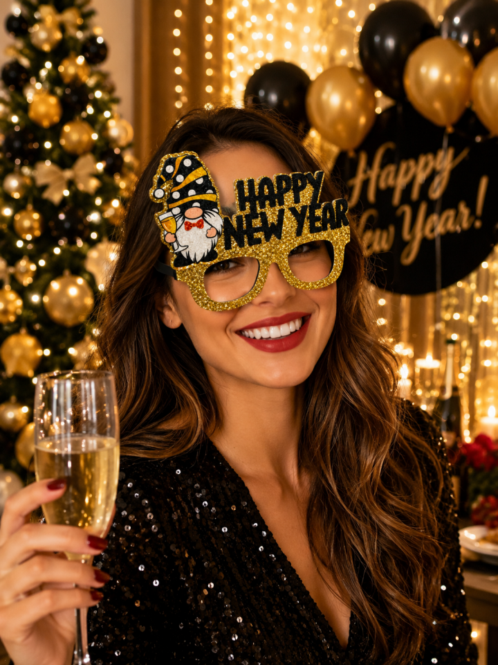 Parti Malzemeleri Happy New Year Parti Gözlüğü Yılbaşı Gözlüğü Camsız Simli Altın Renk Eğlence Gözlüğü Yılbaşı Aksesuarı