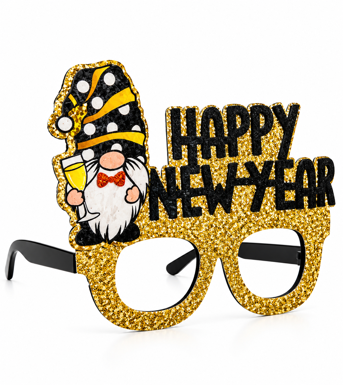 Parti Malzemeleri Happy New Year Parti Gözlüğü Yılbaşı Gözlüğü Camsız Simli Altın Renk Eğlence Gözlüğü Yılbaşı Aksesuarı
