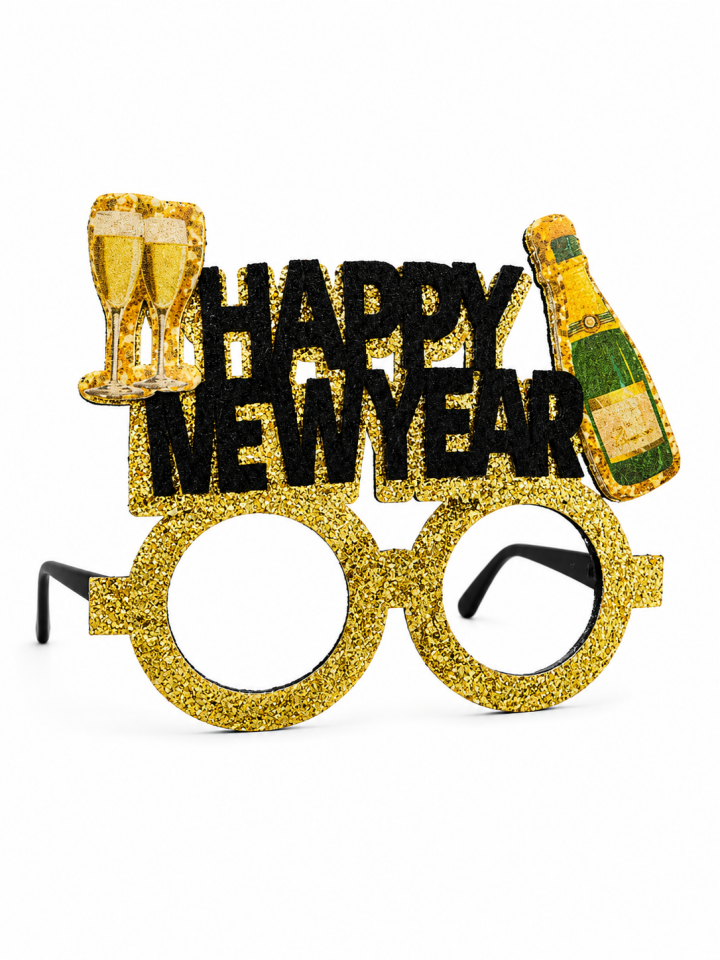 Happy New Year Parti Gözlüğü Camsız Simli Gold Yılbaşı Gözlüğü Şampanya Temalı Yeni Yıl Aksesuarı