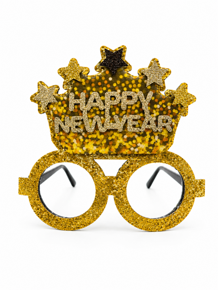 Parti Malzemeleri Happy New Year Yılbaşı Parti Gözlüğü Camsız Simli Gold Yeni Yıl Eğlence Gözlüğü Yılbaşı Aksesuarı