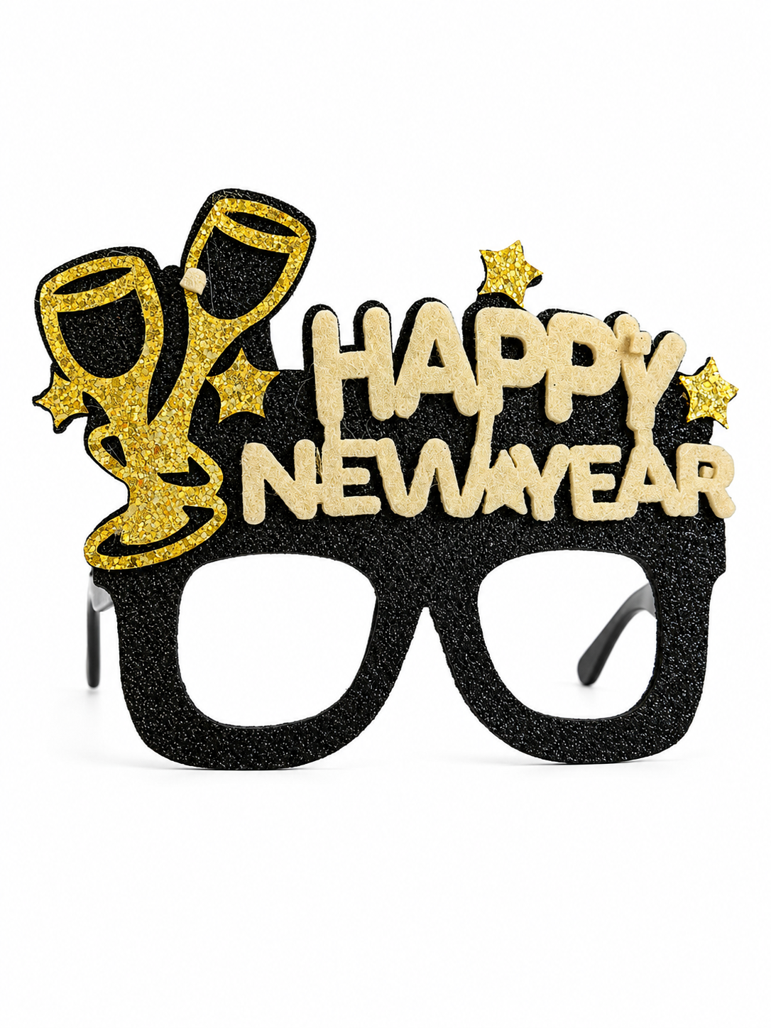 Parti Malzemesi Happy New Year Parti Gözlüğü Camsız Simli Siyah Gold Yılbaşı Gözlüğü Şampanya Kadehli Yeni Yıl Aksesuarı