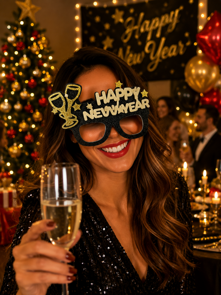 Parti Malzemesi Happy New Year Parti Gözlüğü Camsız Simli Siyah Gold Yılbaşı Gözlüğü Şampanya Kadehli Yeni Yıl Aksesuarı