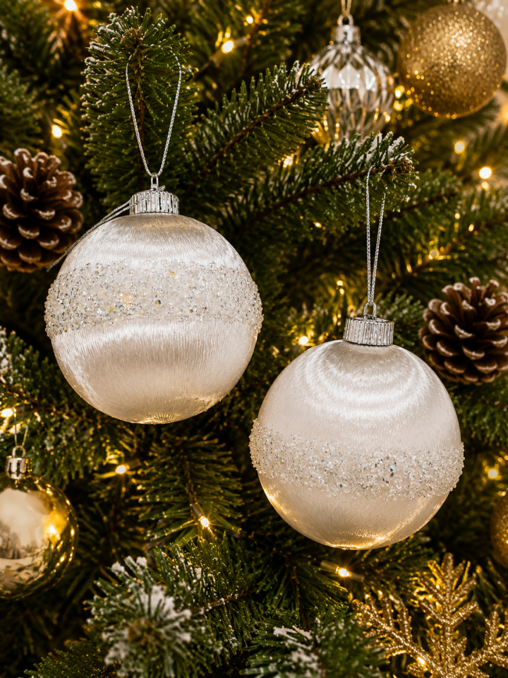 Parti Malzemeleri 12 Cm 2’li Beyaz Simli Yılbaşı Topu Ağaç Süsü Noel Ağacı Dekorasyon Süsü