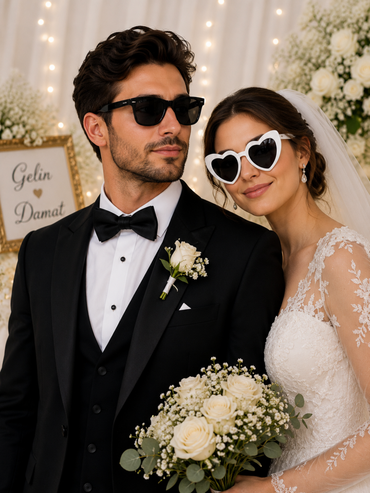 Parti Malzemeleri Gelin Damat Parti Gözlüğü Seti Siyah Damat ve Beyaz Kalp Gelin Gözlüğü Düğün Bekarlığa Veda Bride Fotoğraf Çekim Aksesuarı