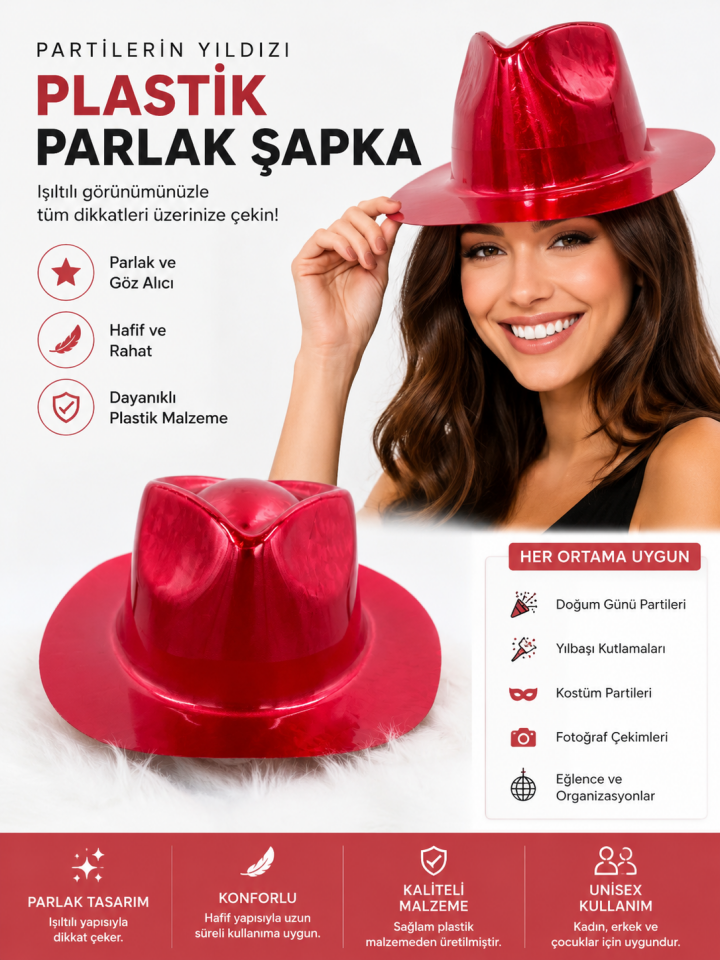 Parti Malzemesi Parlak Kovboy Şapkası Parti Şapkası Yılbaşı Doğum Günü Konsept Aksesuarı Kırmızı