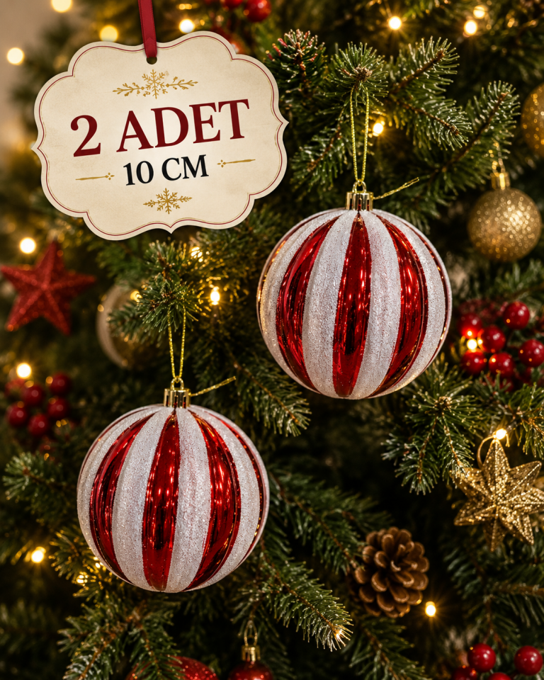Parti Malzemeleri Yılbaşı Ağacı Süsü Kırmızı Beyaz Simli Çizgili Top 10 Cm 2’li Set Noel Çam Ağacı Dekoru