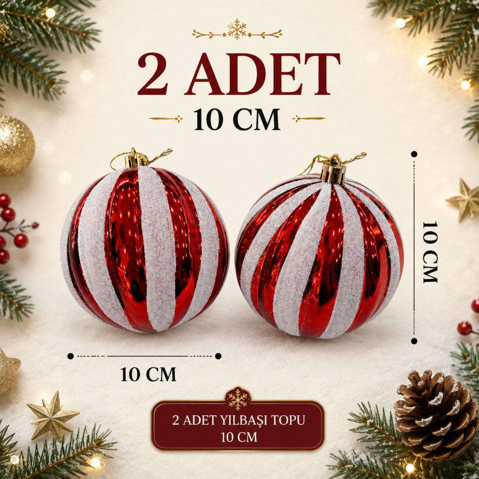 Parti Malzemeleri Yılbaşı Ağacı Süsü Kırmızı Beyaz Simli Çizgili Top 10 Cm 2’li Set Noel Çam Ağacı Dekoru