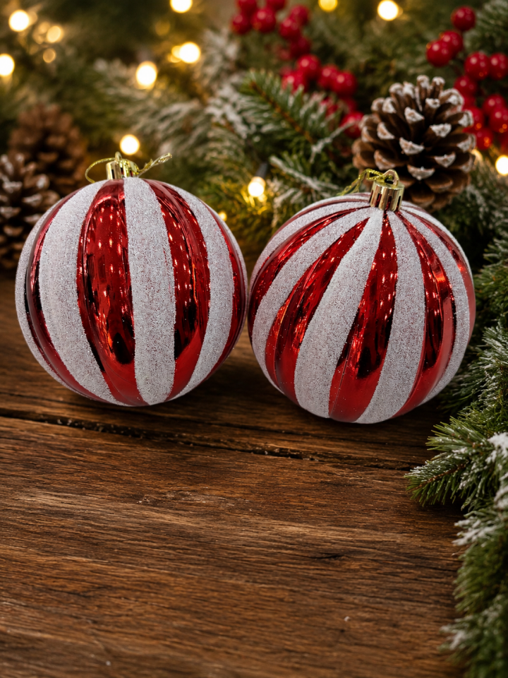 Parti Malzemeleri Yılbaşı Ağacı Süsü Kırmızı Beyaz Simli Çizgili Top 10 Cm 2’li Set Noel Çam Ağacı Dekoru