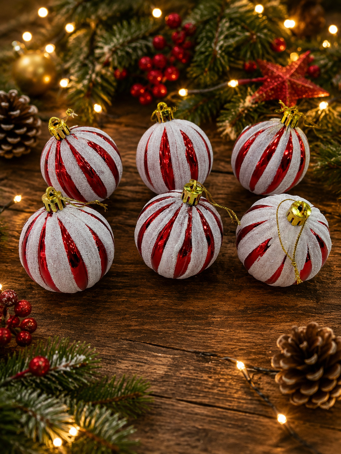 Parti Malzemeleri Yılbaşı Ağacı Süsü Kırmızı Beyaz Simli Çizgili Top 7 Cm 6’lı Set Noel Çam Ağacı Dekor Süsü