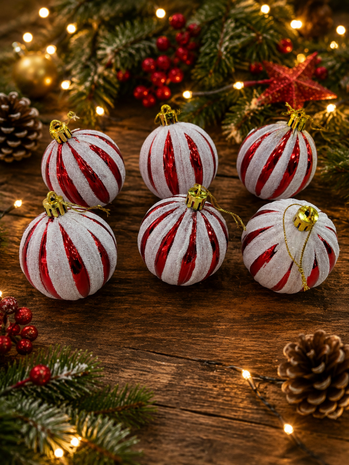 Parti Malzemeleri Yılbaşı Ağacı Süsü Kırmızı Beyaz Simli Çizgili Top 7 Cm 6’lı Set Noel Çam Ağacı Dekor Süsü