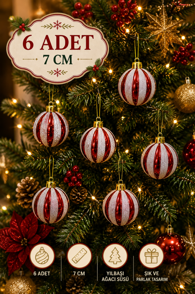 Parti Malzemeleri Yılbaşı Ağacı Süsü Kırmızı Beyaz Simli Çizgili Top 7 Cm 6’lı Set Noel Çam Ağacı Dekor Süsü