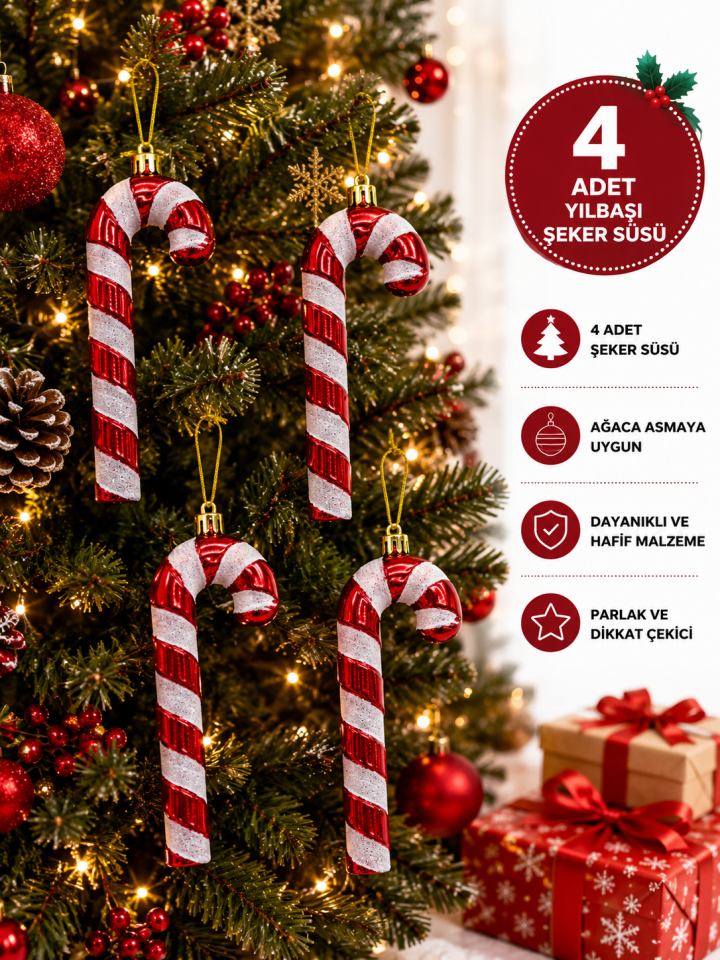 Parti Malzemeleri 4 Adet Yılbaşı Şeker Bastonu Ağaç Süsü Kırmızı Beyaz Noel Çam Ağacı Dekoru