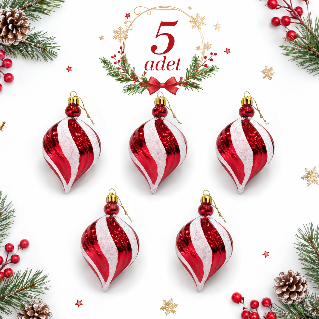 Parti Malzemeleri Yılbaşı Ağaç Süsü Kırmızı Beyaz Damla Model Çam Ağacı Süsü 5’li Set Noel Dekorasyonu