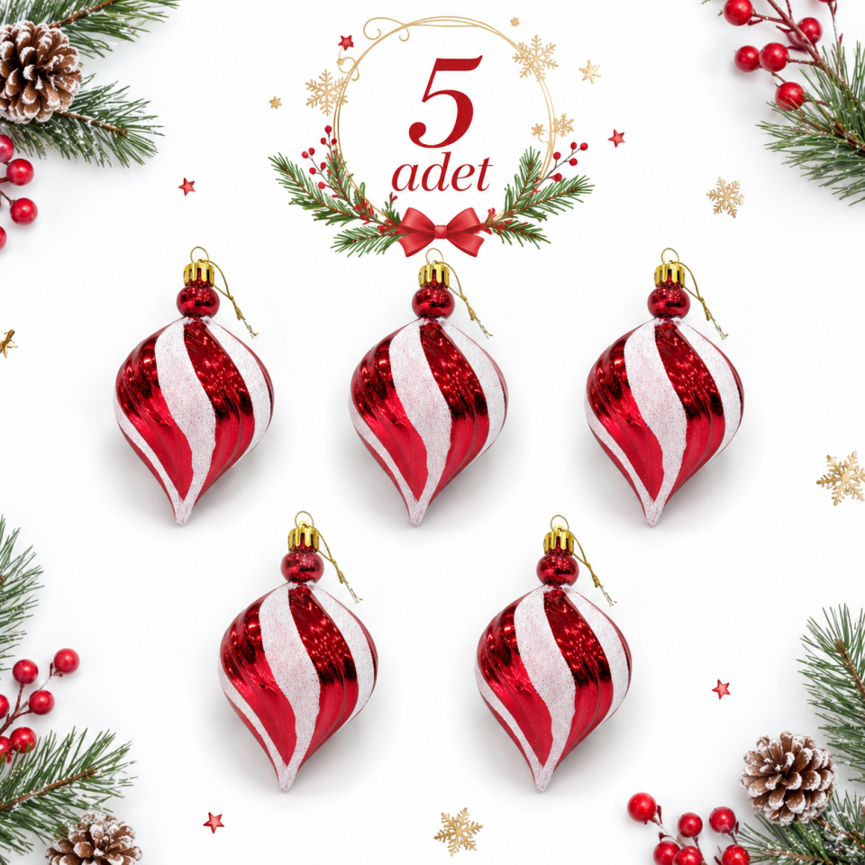 Parti Malzemeleri Yılbaşı Ağaç Süsü Kırmızı Beyaz Damla Model Çam Ağacı Süsü 5’li Set Noel Dekorasyonu