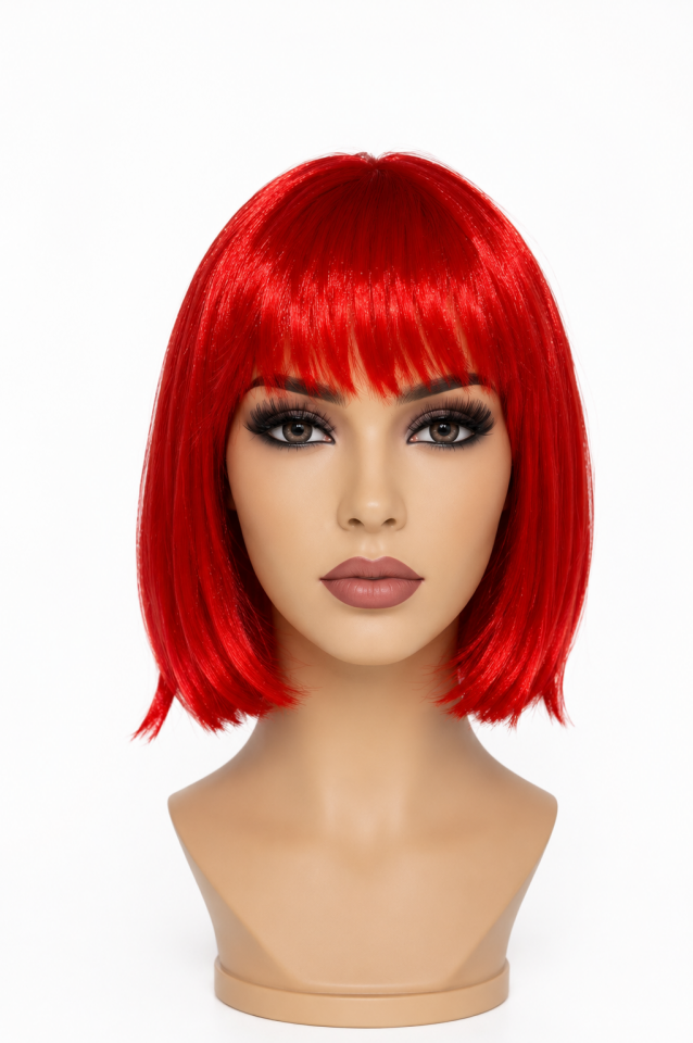 Parti aksesuarları Kırmızı Kısa Bob Peruk Kaküllü Kadın Parti Peruğu Cosplay Cadılar Bayramı Kostüm Aksesuarı