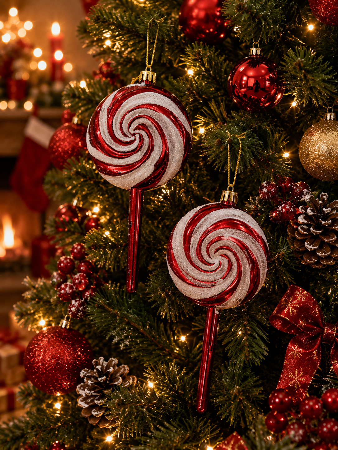 Parti Malzemesi Yılbaşı Lolipop Ağaç Süsü 2’li Set Kırmızı Beyaz Şeker Lolipop Noel Çam Ağacı Dekoru